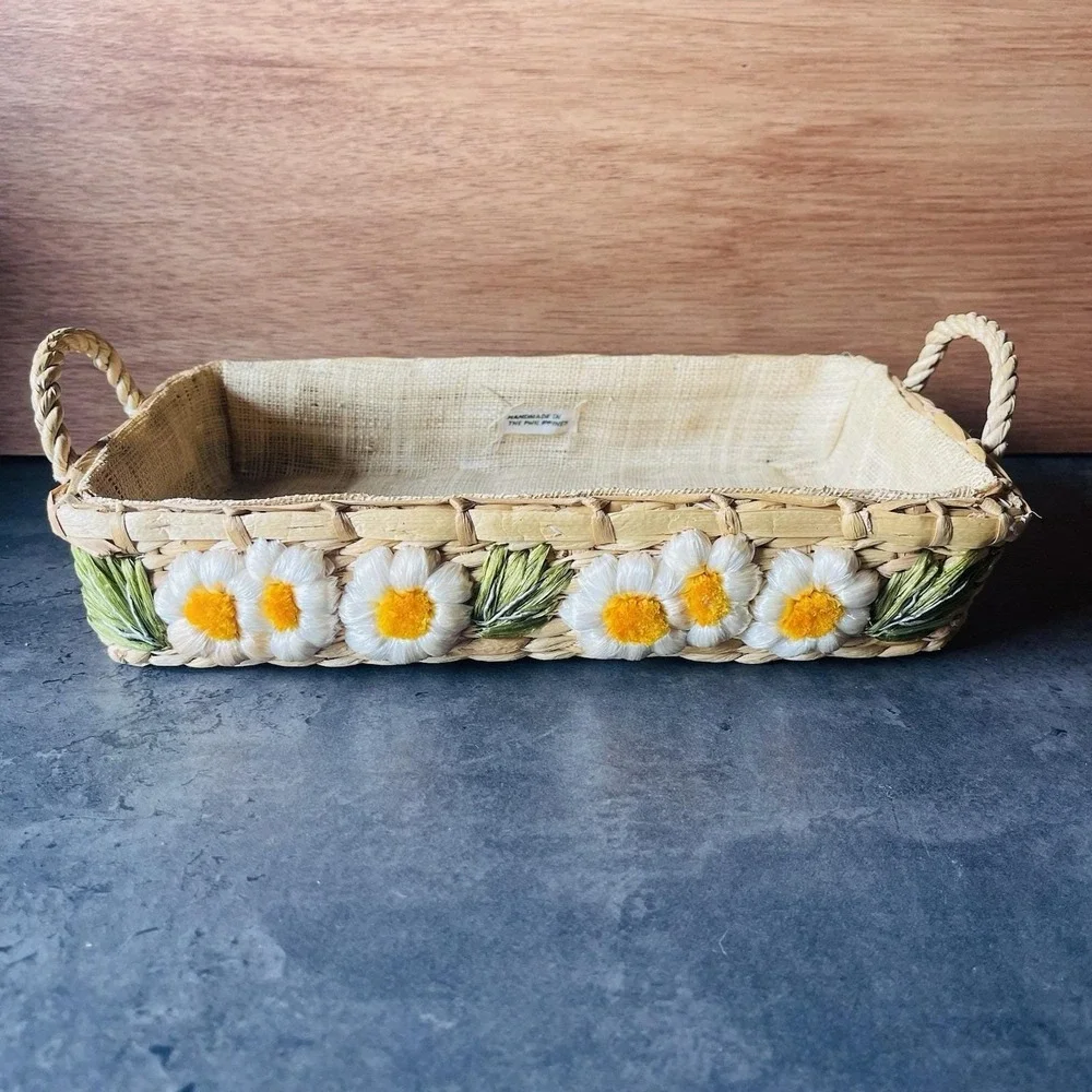 VTG Handmade Raffia Woven Basket 3D Daisy Floral Burlap Lining Trinket Letters
